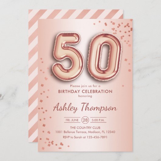 50. Geburtstag - Rose Gold Balloons Einladung (Vorne/Hinten)