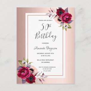 50. Geburtstag Rose Gold bordeauxrot Blütenladen Postkarte