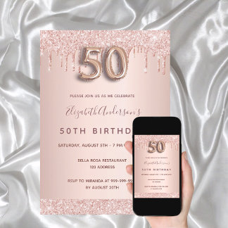 50. Geburtstag Rose Gold Glitzer Tropfen rosa Glam Einladung
