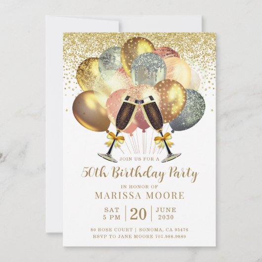 50. Geburtstag Rose Gold und Gold Glitzer Einladun Einladung (Vorderseite)