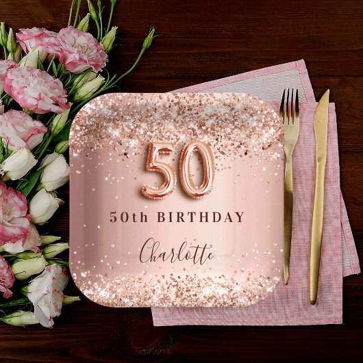 50. Geburtstag Rose Goldblüte Glitzer Name Pappteller