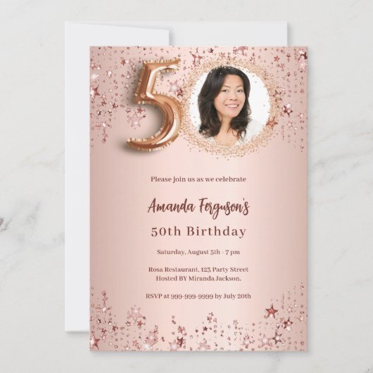 50. Geburtstag Rose Goldstar Foto Einladung (Vorderseite)