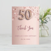 50. Geburtstag Rose Goldstars Danke Karte (Stehend Vorderseite)