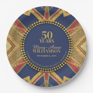 50. Geburtstag Rot Blau Gold Geometrie Pappteller