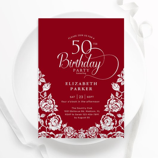 50. Geburtstag Rot Silber Rose Einladung