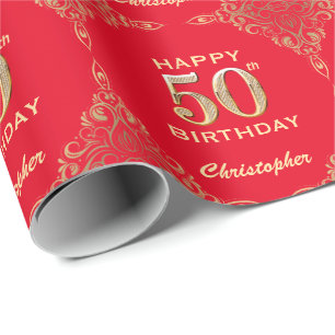 50. Geburtstag Rot und Gold Glitzer Rahmen Geschenkpapier