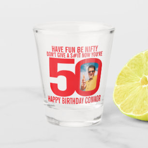 50. Geburtstag, Rot-Weiß-Foto, lustiges Foto-Glas Schnapsglas