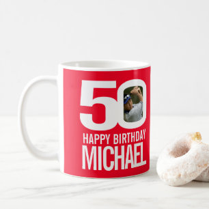 50. Geburtstag rot weiß individuelles Foto Name Kaffeetasse