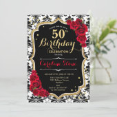 50. Geburtstag - Rote Rosen Gold Black Damask Einladung (Stehend Vorderseite)