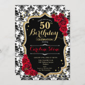 50. Geburtstag - Rote Rosen Gold Black Damask Einladung (Vorne/Hinten)