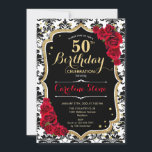 50. Geburtstag - Rote Rosen Gold Black Damask Einladung<br><div class="desc">Einladung zum 50. Geburtstag. Elegantes rotes Schwarz-weißes Design mit Imitaten Glitzer Gold. Enthält Damask,  Skript-Schriftart und Rose. Ideal für eine elegante Geburtstagsfeier. Kann in jedes Jahr personalisiert werden! Nachricht,  wenn Sie weitere Anpassungen benötigen.</div>