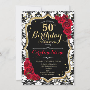 50. Geburtstag - Rote Rosen Gold Black Damask Einladung