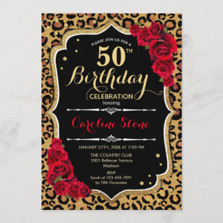 50. Geburtstag - Rote Rosen Leopard Print Einladung