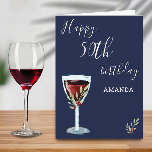 50. Geburtstag Rotwein Rose Wasserfarbe Navy Blau Karte