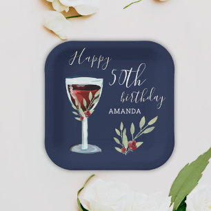 50. Geburtstag Rotwein Rose Wasserfarbe Navyblau Pappteller