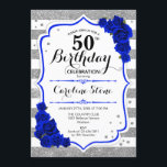 50. Geburtstag - Royal Blue Silver White Streifen Einladung<br><div class="desc">Einladung zum 50. Geburtstag. Elegantes Design in Imitaten Glitzer silber,  weiß und königsblau. Das stilvolle Skript-Fort,  Streifen und blaue Rose. Ideal für eine elegante Geburtstagsfeier. Kann in jedem Alter angepasst werden.</div>