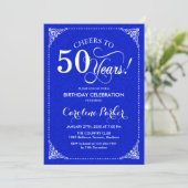 50. Geburtstag - Royal Blue White Damask Einladung (Stehend Vorderseite)