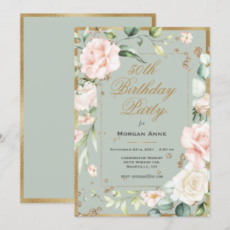 50. Geburtstag Sage Green Gold Aquarell Floral Einladung