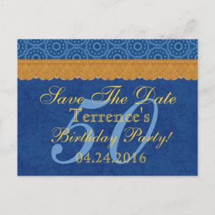 50. Geburtstag Save the Date Blue und Gold Lace Ankündigungspostkarte