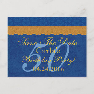 50. Geburtstag Save the Date Blue und Gold Lace Ankündigungspostkarte