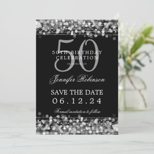 50. Geburtstag Save the Date mit Details Einladung (Stehend Vorderseite)