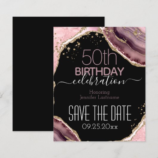 50. Geburtstag Save the Date Pink Agate Budget (Vorne/Hinten)