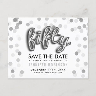 50. Geburtstag Save the Date Silver Balloon Glitze Ankündigungspostkarte