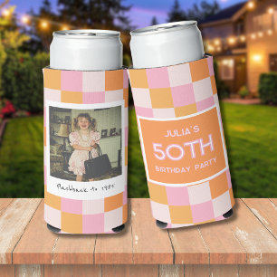 50. Geburtstag Schachbrettmuster Rosa und Orange D Selters Dosenkühler