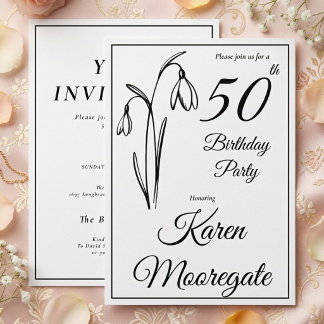 50. Geburtstag Schneeglöckchen Floral Schwarz und  Einladung