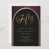 50. Geburtstag schwarz bordeauxrot goldener Bogen Einladung (Vorderseite)