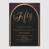 50. Geburtstag schwarz bordeauxrot goldener Bogen Magneteinladung (Vorderseite)