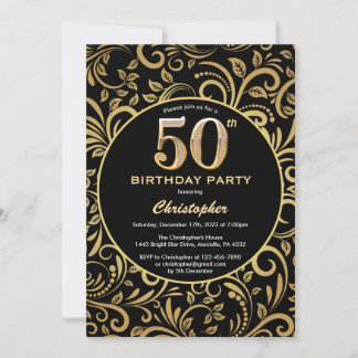 50. Geburtstag Schwarz-Gold-Blütenmuster Einladung