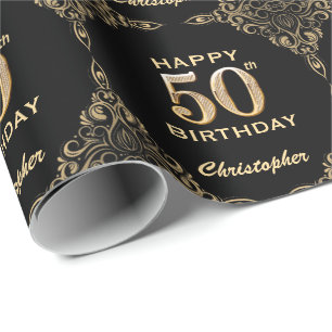50. Geburtstag Schwarz-Gold-Glitzer-Rahmen Geschenkpapier