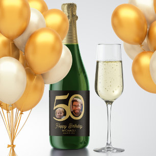 50. Geburtstag Schwarz Gold modern Foto Schaumweinetikett