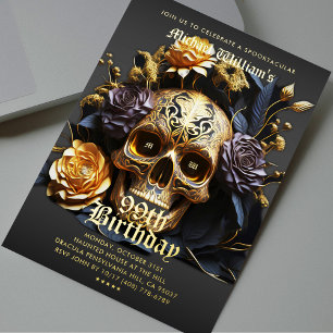 50. Geburtstag Schwarz Gold Totenkopf Halloween-Pa Folieneinladung