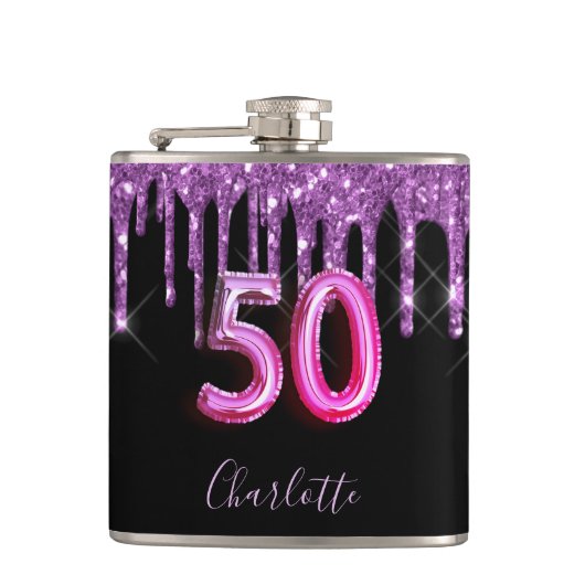 50. Geburtstag Schwarz lila Glitzer Skriptfreunde Flachmann (Vorderseite)