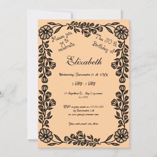 50. Geburtstag Schwarz & Pfirsichblüte Einladung (Vorderseite)