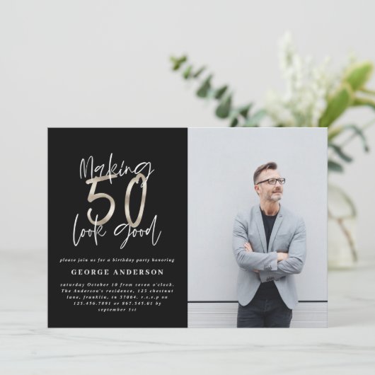 50. Geburtstag schwarz silber elegant modern (Stehend Vorderseite)