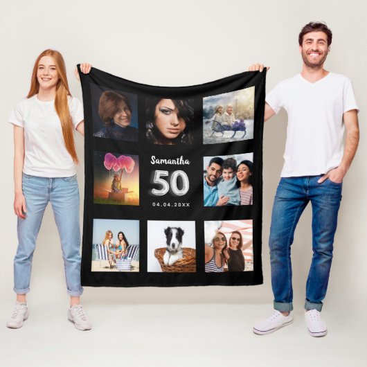 50. Geburtstag Schwarz-Silber-Foto Collage Name Fleecedecke (Beispiel)
