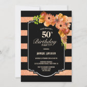 50. Geburtstag Schwarz Streifen Orangenblumen Part Einladung (Vorderseite)