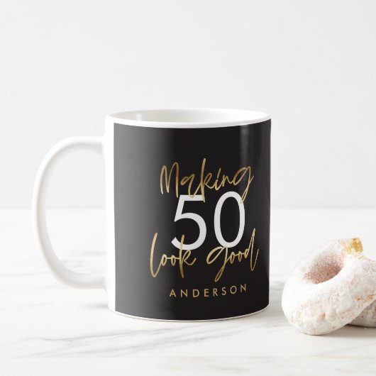 50. Geburtstag schwarz und gold schlicht elegante Kaffeetasse (Mit Donut)
