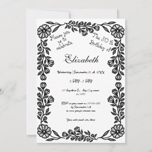 50. Geburtstag Schwarz-Weiß Botanische Flora Einladung (Vorderseite)