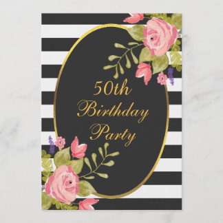 50. Geburtstag Schwarz-weiße Streifen Gold Foil Einladung
