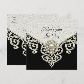 50. Geburtstag Schwarz-weißes Perlenschmuck Einladung