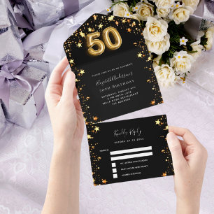 50. Geburtstag schwarze goldene Sterne uAwg All In One Einladung