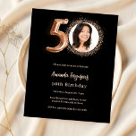 50. Geburtstag Schwarze Rose Gold Foto Einladung<br><div class="desc">Ein modernes,  stilvolles Foto für eine 50. Geburtstagsfeier. Ein schwarzer Hintergrund,  Rose Goldtext. Personalisieren Sie Ihre Party-Daten und fügen Sie sie hinzu. 1 Blatt = 1 Einladung mit Druckkante bis Kante.</div>