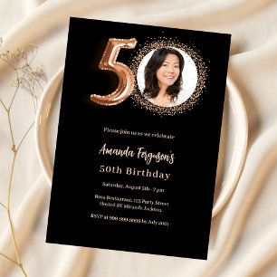 50. Geburtstag Schwarze Rose Gold Foto Einladung