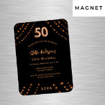 50. Geburtstag Schwarze Rose Goldstars Einladung Magnet<br><div class="desc">Für eine elegante 50. Geburtstagsfeier. Ein schwarzer Hintergrund. Dekoriert mit goldenen Sternen der Rose. Personalisieren und fügen Sie einen Namen,  Party Details,  Geburtsjahr. Der Name wird mit einem handgeschriebenen Stilskript geschrieben</div>