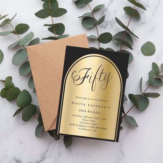 50. Geburtstag schwarzen goldenen Bogenskript Luxu Einladung
