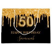 50. Geburtstag Schwarzer Glitzer Tropfen Name Große Geschenktüte (Vorderseite)